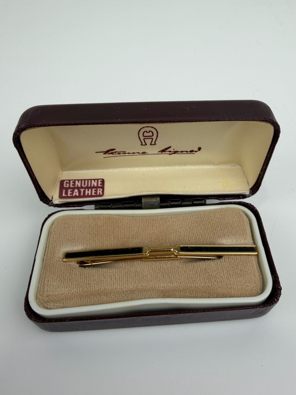 Etienne Aigner Gold Black Leather Collar Bar Vintage Classic Mens